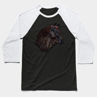 A line drawing of a brown horse with colorful mane. Baseball T-Shirt